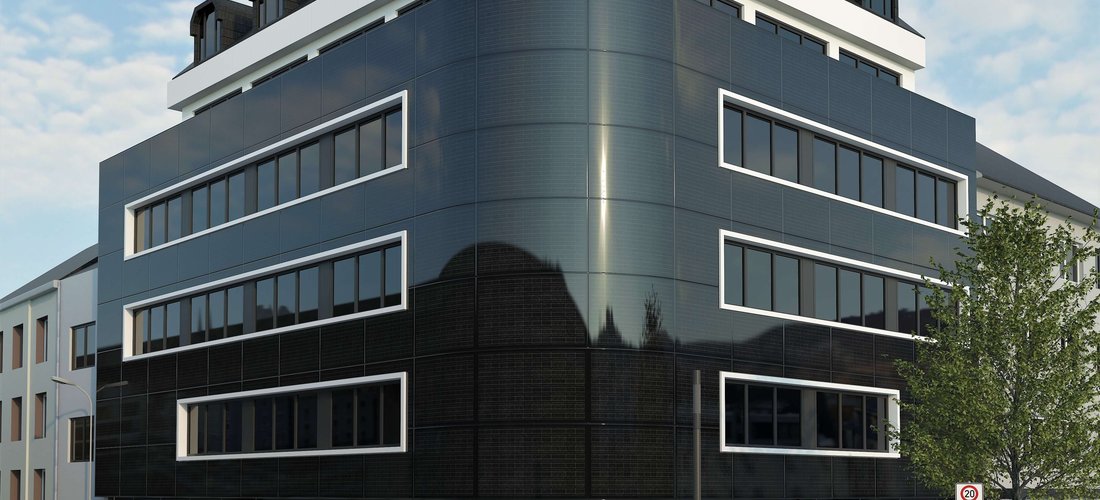 Das Radiologische Zentrum in Marburg bekommt eine schicke und energieerzeugende Fassade (Bildquelle: Entwurf und Visualisierung: © a.p.l. - architekten, Hagen Plaehn)