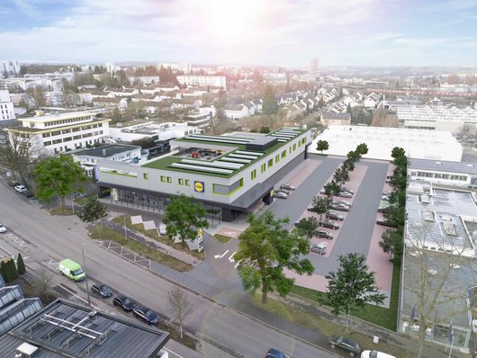 Die geplante Lidl-Filiale in Bietigheim-Bissingen verfügt über eine Kindertagesstätte und eine PV-Anlage (Foto: obs/Lidl) Hier sehen Sie eine Visualisierung der Lidl-Filiale inklusive der PV-Anlage (Foto: obs/Lidl)